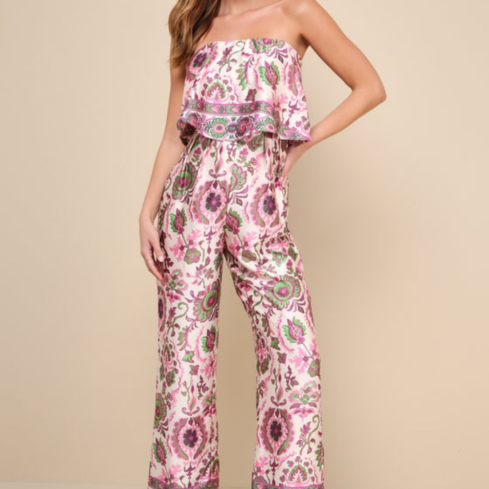 Lulus Treasured Aesthetic Cream Multi Satin Boho Strapless Jumpsuit White